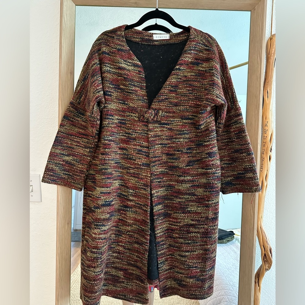 Long cardigan sweater with hidden pockets. Korean company unknown.